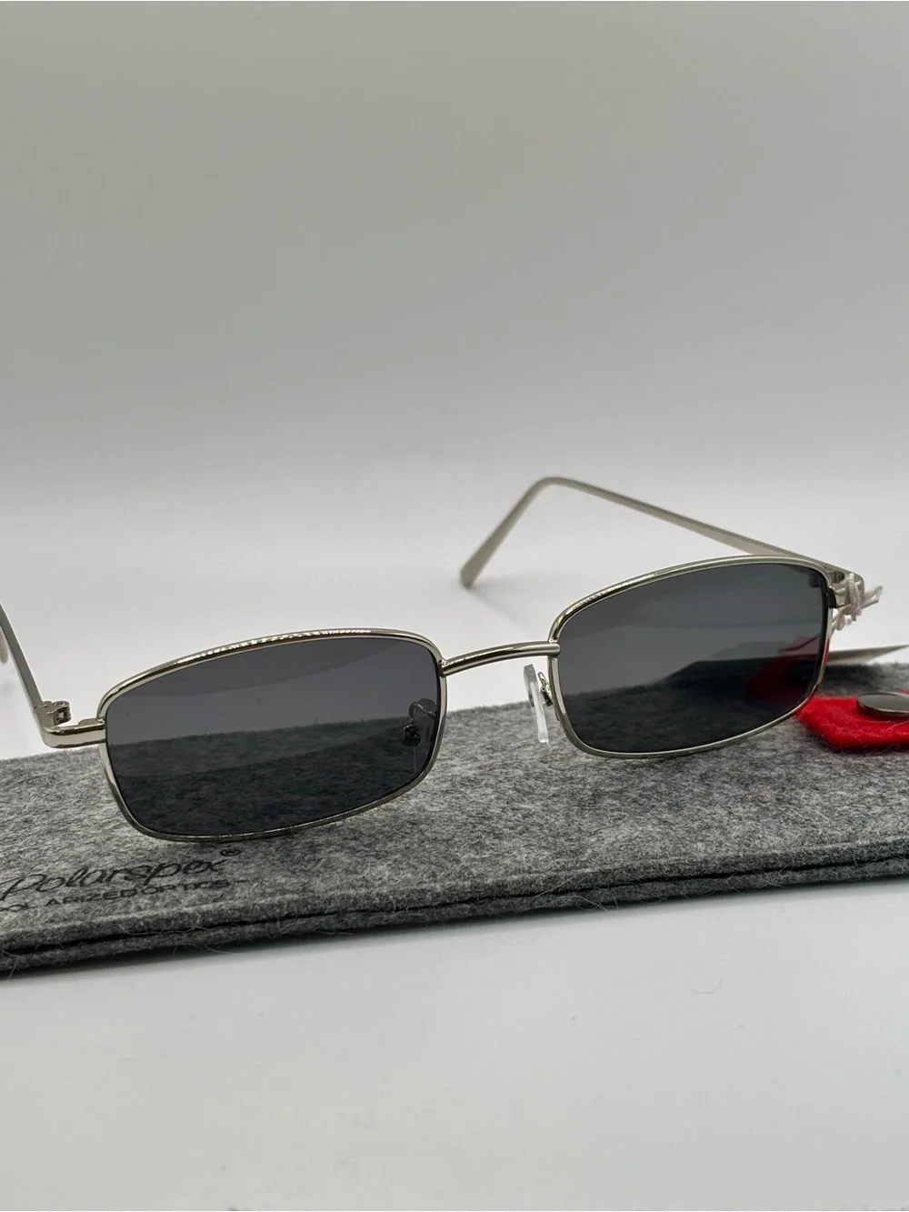 Vintage 90s Y2K Slim Rectangular Silver Metal Frame Sunglasses Dark Gray Lens